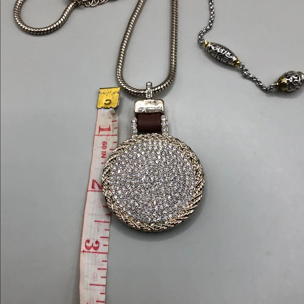 WHBM long chain necklace 2 sided CZ pendant + scroll stations chain necklace.